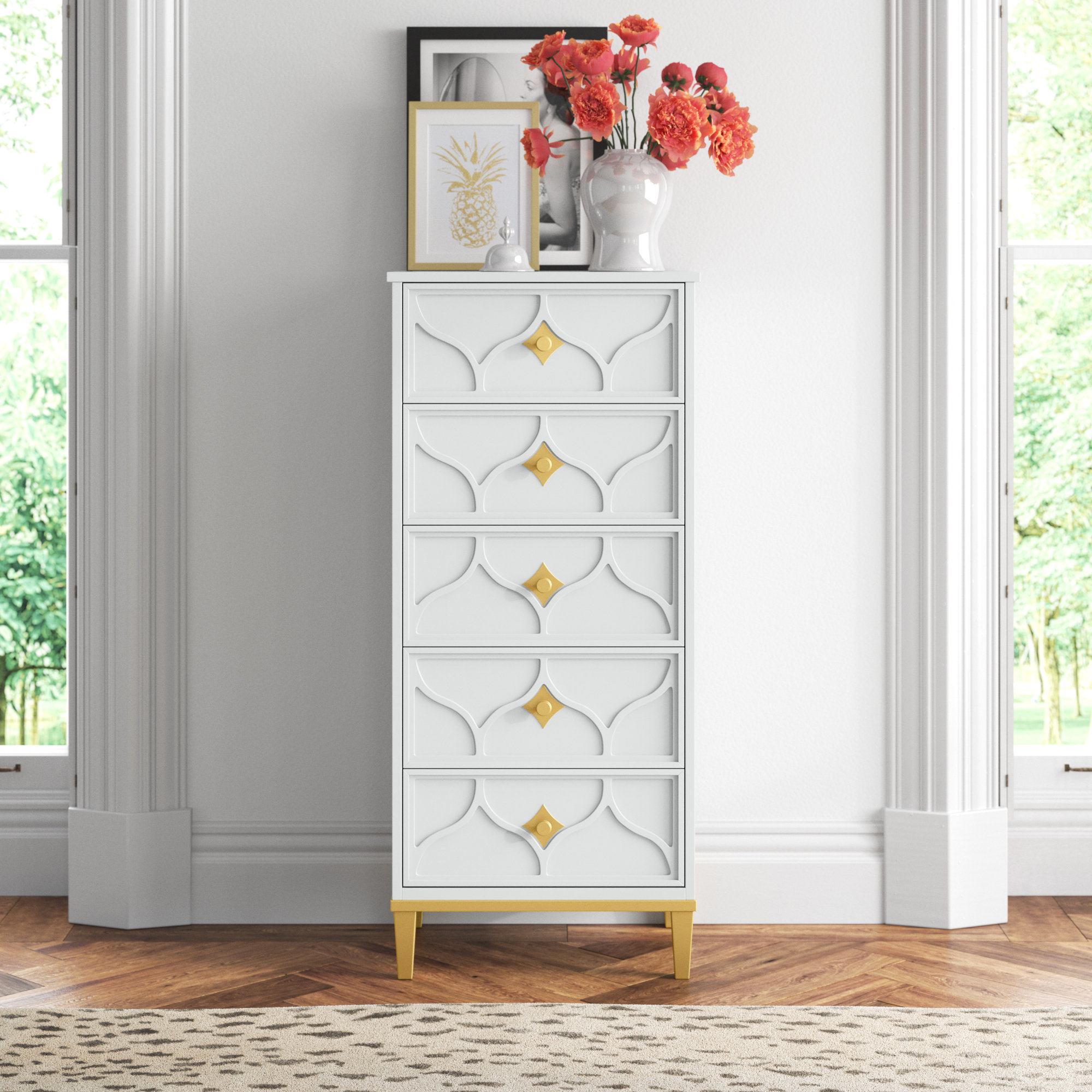 Willa Arlo Interiors Lomita 5 Drawer Lingerie Chest In White And Gold